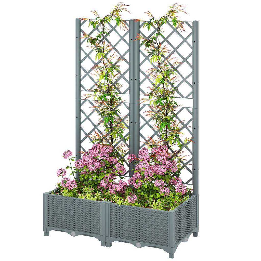 Raised Garden Bed with Trellis, Plastic Planter Box with Drainage Holes, Drain Plugs and Water Reservoirs for Climbing Plants, Vegetables, Flowers