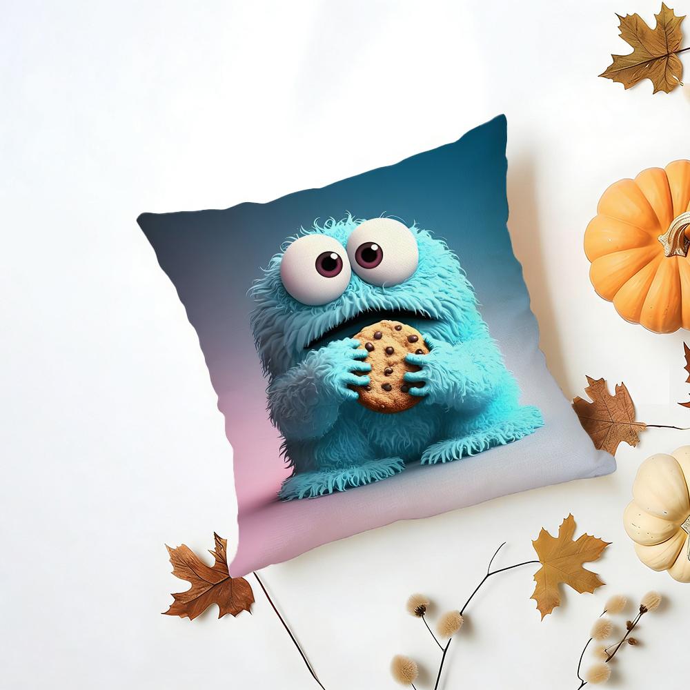 CCookie Monster Cushion Cover Washable Linen Pillowcase Soft for Daily Sofa Bed Home Room Decor