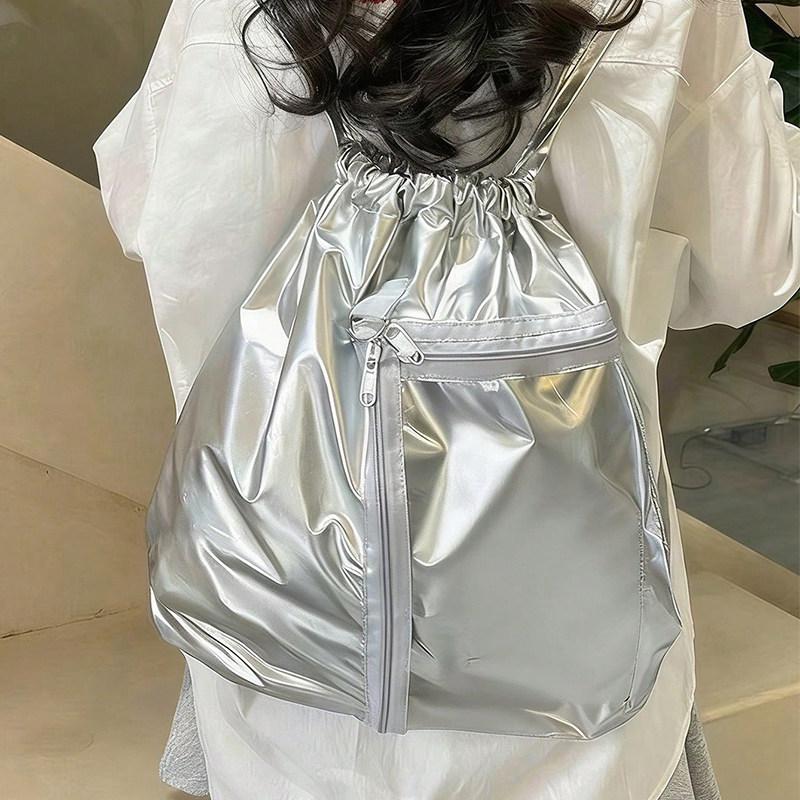 Summer new niche drawstring silver transparent pain bag versatile large-capacity backpack simple casual daily backpack серебряный