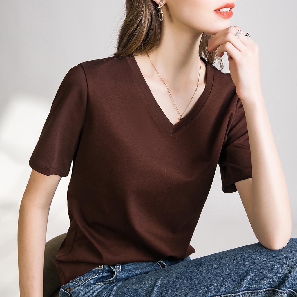 Skin-friendly support cool feeling double mercerized cotton slim fit solid color simple female slim short sleeve, white T