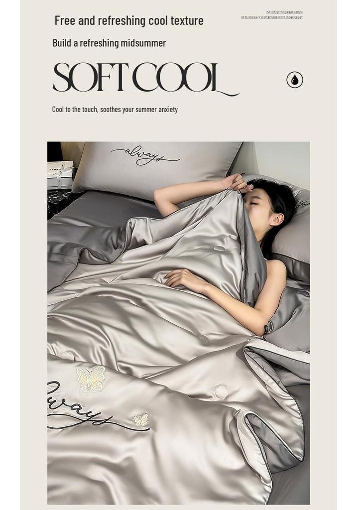 Class A Ice Silk Summer Quilt Set - Cooling, Water Washable, Embroidered, Air Conditioning Friendly, Thin Quilt for Naked Sleep
