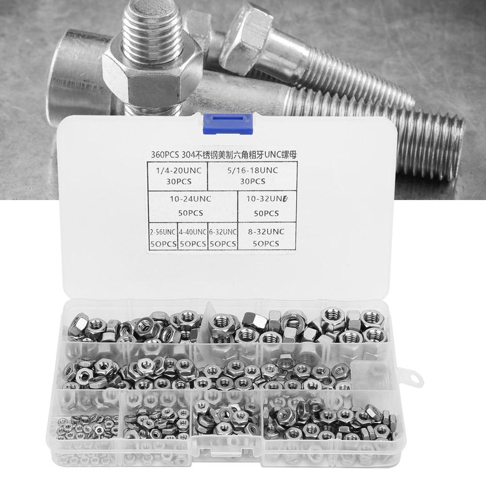360pcs Stainless Steel Hex Nuts Coarse Thread American System UNC Nuts Fasteners