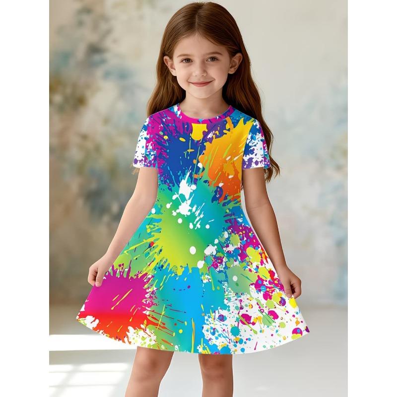 Dress for Girls Tie-Dye Multicolor Graffiti 3D Print Round Neck Colorful Dress Casual Summer Short Sleeve