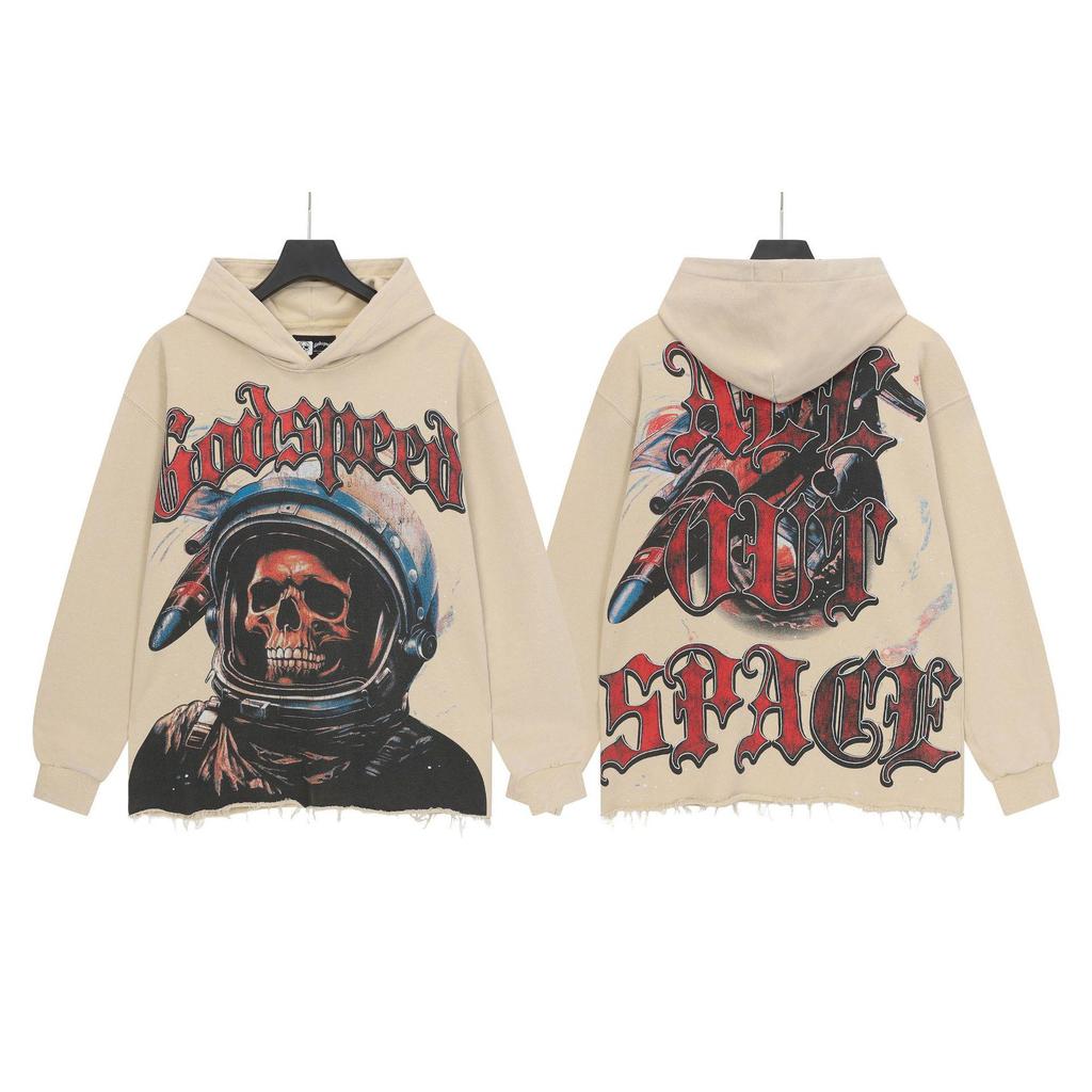 God Bless America Retro Rock Street Print Washed Hoodie - Casual Loose Fit