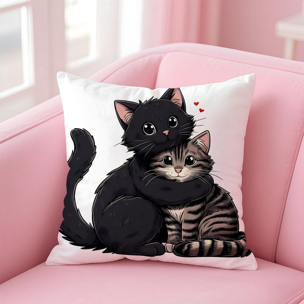 LLittle Black Cat Couple Cushion Cover Pillow Case Soft Friendly Fabric Concealed Zipper