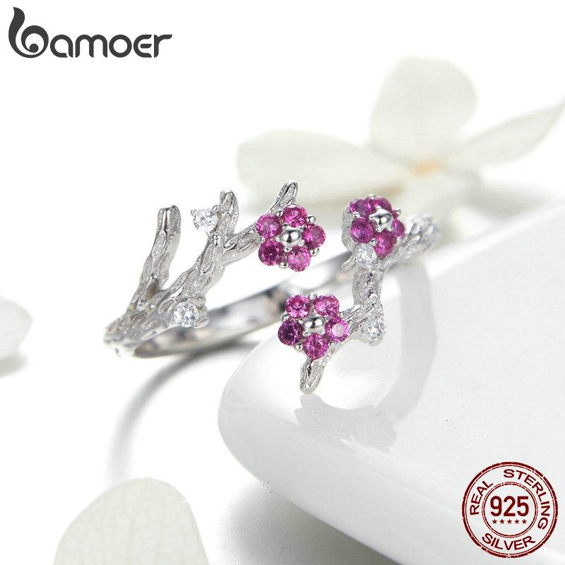 BAMOER 100% 925 Silver Winter Blooming Plum Flower Open Size Rings for Women Wedding Engagement Jewelry BSR022