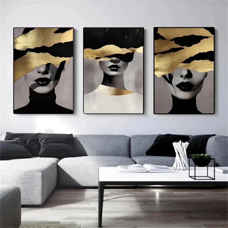 Modern Canvas Print Art Gold Black Woman Portrait Art Canvas Painting Abstract Woman Face Poster Wall Art Picture for Home Decor
