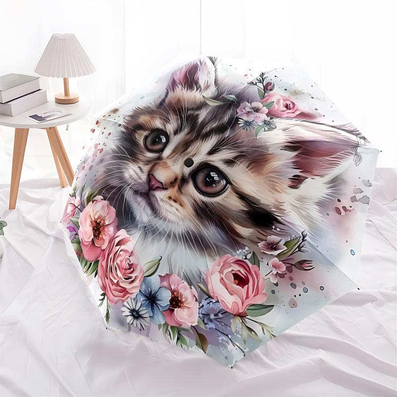 1pc Appealing Kitten & Flower Automatic Opening and Closing Umbrella - Suitable for Various Occasions, Outdoor Activities, Lightweight and Durabl