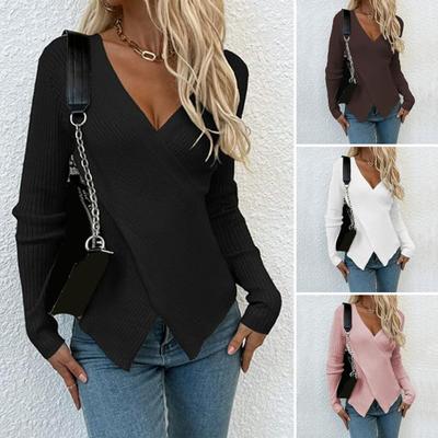 Women Sexy V-Neck Wrap Sweater Knit Top Slim Fit Pullover Long Sleeve