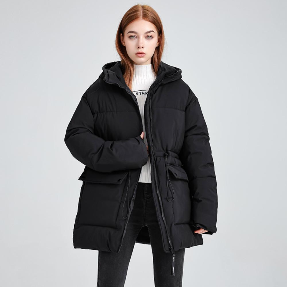 Women's Hooded Long Sleeve Raglan Sleeve Coat Loose Fit Casual Puffer Jacket with Drawstring Waist for Winter Wear