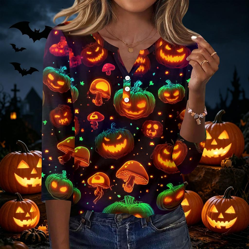 Women's Casual Halloween Print V Neck Button Three Quarter Sleeve T Shirt Top Lightweight Comfortable Fit Seasonal Graphic Tee