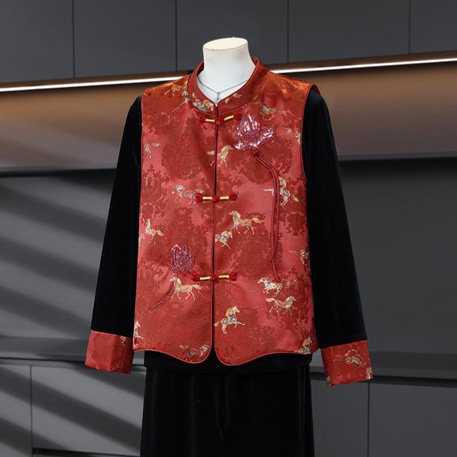 

Chinese Style Women s Spring-Autumn Three-Piece Suit: Vest, Jacket, and Pants for Middle-Aged and Elderly Ladies 4XL (135-150 jin)