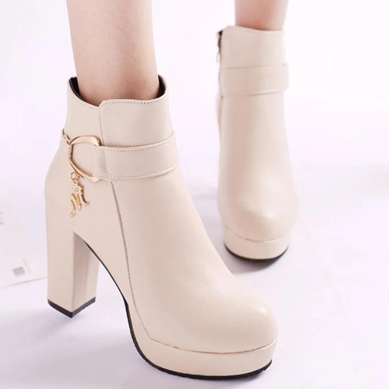 Fashion Fashion Ankle Boots Solid Color Round Head Side Zipper Design Autumn Winter Women's Fashion High Heeled Ankle Boot Size 32-43