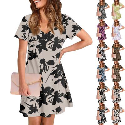 Vestido feminino casual e moderno com decote em V, manga curta, estampado, comprimento médio