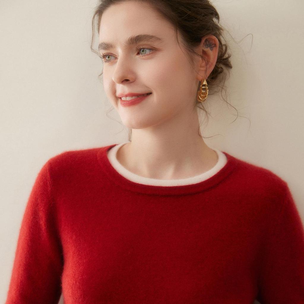 2025 Autumn/Winter Women's Cashmere Color Block Round Neck Loose Sweater Pullover