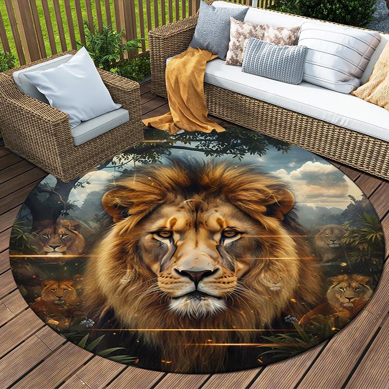Elephant Lion Round Area Rug,Carpet Rug for Living Room Bedroom Sofa Playroom Decor,Non-slip Floor Mat