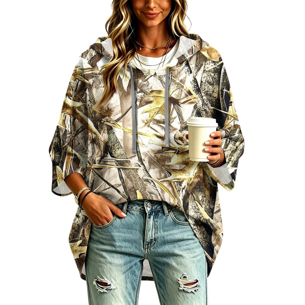 Women's Fashion Three-Quarter Sleeve Leaf Print Hooded Pullover Top