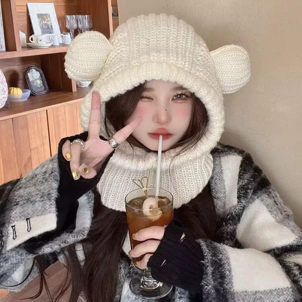 Bear Ear Balaclava Hat Solid Color Pullover Hat Fashion Knitted Hooded Beanie Hat  Female/Girls