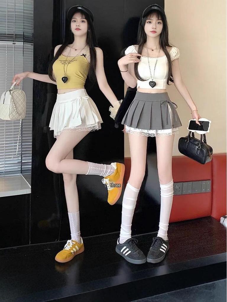 2025 Summer Sweet Pure Desire High-Waisted Pleated Lace Patchwork Ultra-Short Skirt