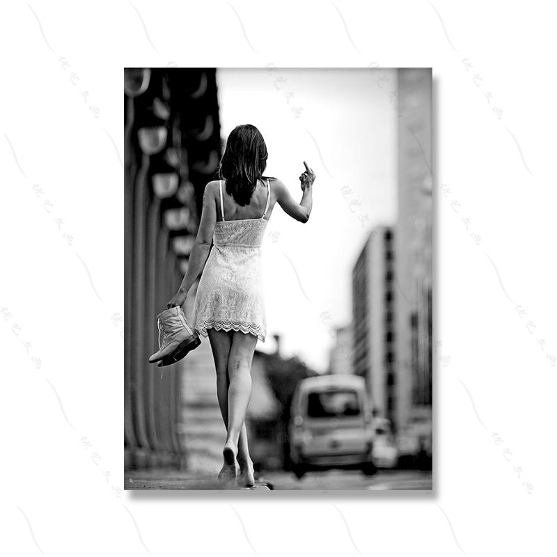 

Feminist Black White Art Picture Poster Print Middle Finger Woman High Heels Classic Car Fashion Photography Girl Room Home Deco 21x30cm No Framed
