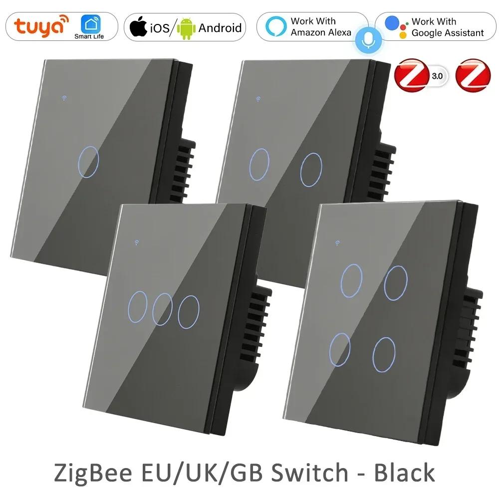 Smart Life 110V 220V Wireless Remote Home EU UK Wall Light Power Switch Alexa 2 3 Way Tuya ZigBee Touch Switches 1 2 3 4 Gang 1-Gang&Live only no Neutral чёрный