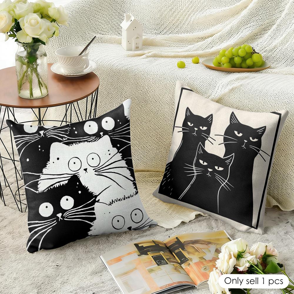 Fashion Art Line Cat Cushion Cover Natural Linen Organic Fabric DoubleSided Printing Sofa Home Decor Gift Pillow Case