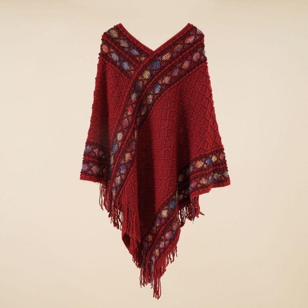 Rhombic Knitted Cape Printing Tassel Scarves Retro Imitation Cashmere Shawl Student