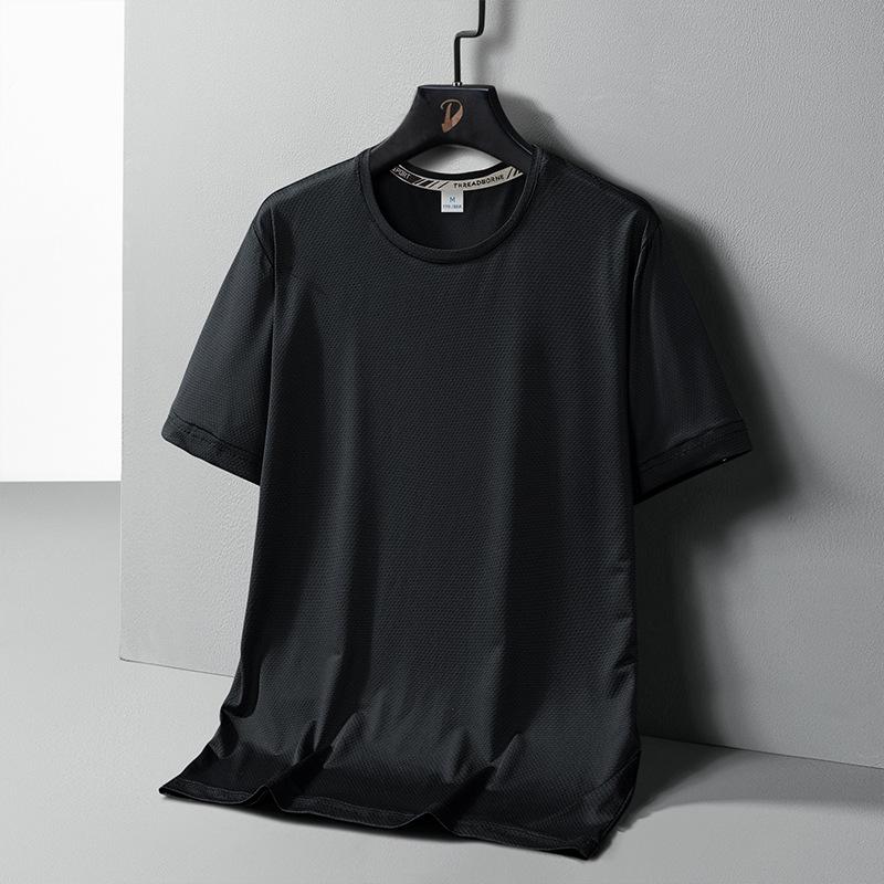 T-Shirt aus Eisseide, kurzärmlig, für Herren, Eisseide, Netzstoff, schnelltrocknend, atmungsaktiv, dünn, einfarbig, lässig, Sommer-T-Shirt mit Rundhalsausschnitt für Herren