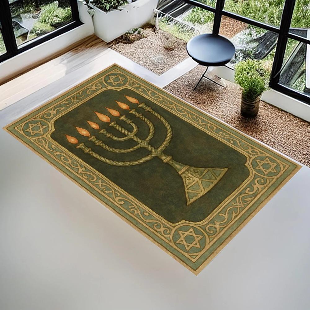 Golden Seven Branch Menorah Hanging Star David Grid Black Background Thin Star Border Anti-slip Area Rug Jewish Holiday Decor Floor Mat