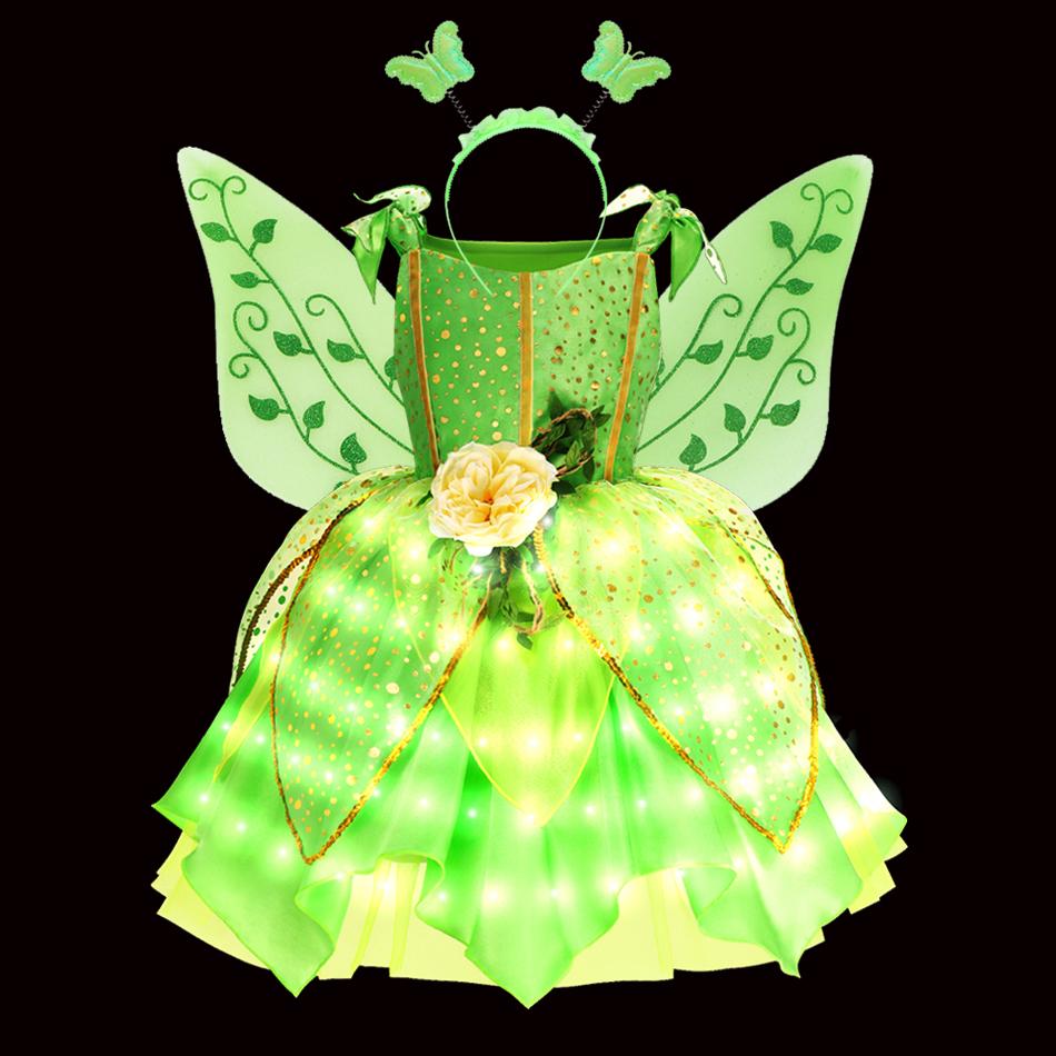 Vestito LED Luminoso per Bambina Ragazza Bambini Viola Verde Costume Cosplay Carnevale Festa di Compleanno Vestiti Costume di Halloween Abito da Ballo