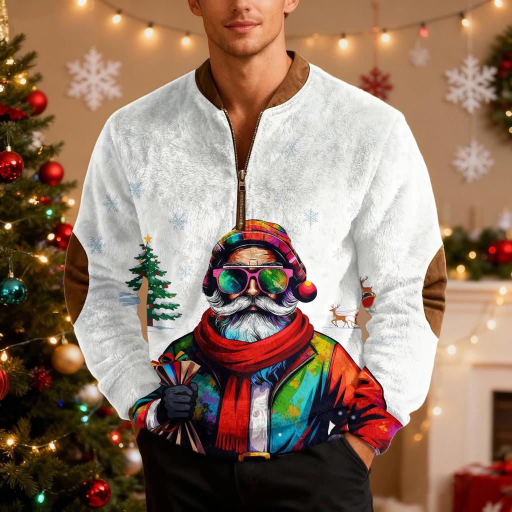 Mens Christmas Sweater Zip Up Sweatshirts Vintage Knit Graphic Sweatshirt Xmas Stand Collar Pullover