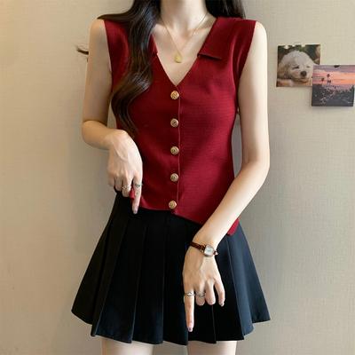Französisches Temperament, V-Ausschnitt, einreihig, ärmellos, schmale Strickweste für Damen