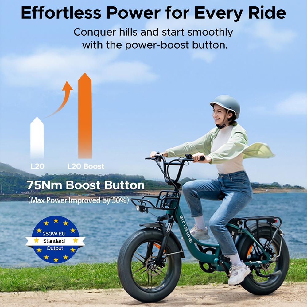 Electric Bicycle Engwe 20" 250W Motor 48V 13AH City Ebike Top Speed 25Km/h Max Load 120Kg All Terrain Ebike 7 Speed Green L20 Boost