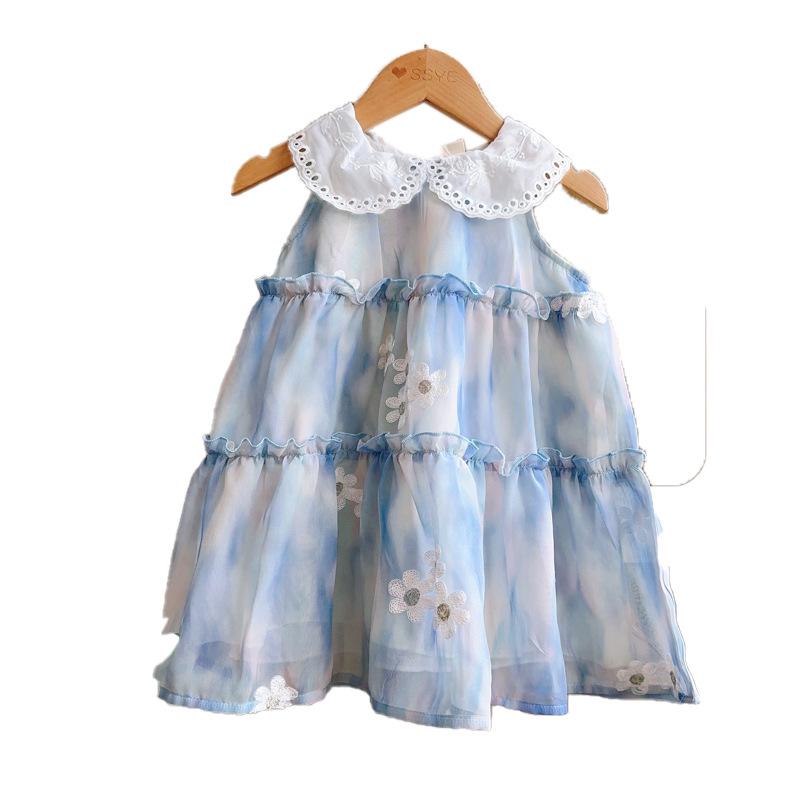 Girls' Floral Embroidered Sleeveless Dress with Peter Pan Collar