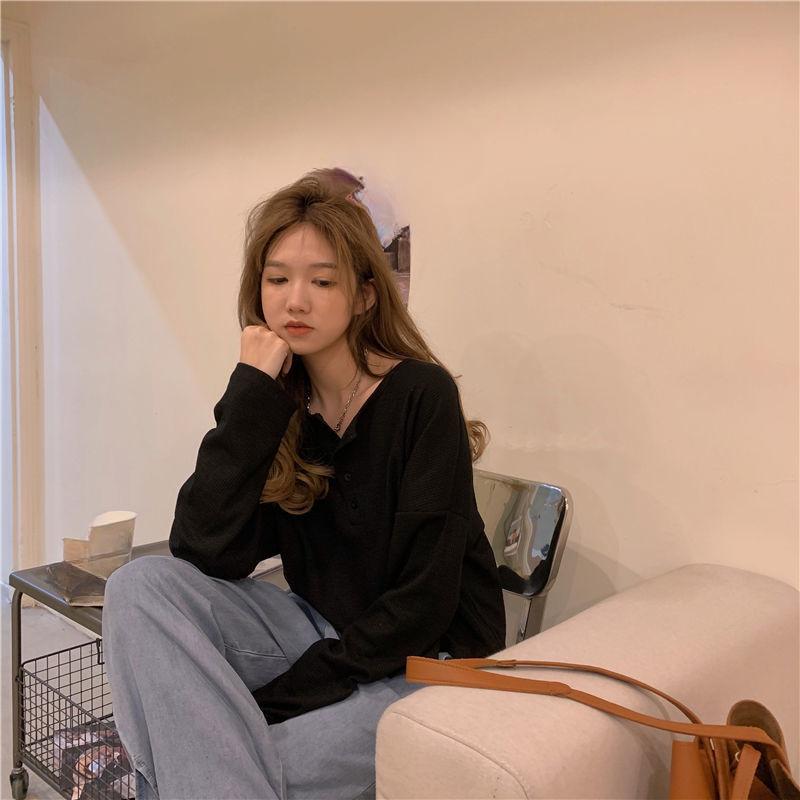 Long Sleeve T-shirts Women Elegant Simple Pure Button Design Retro Ins Autumn Ladies Tees Top All-match BF Style Mujer Clothes