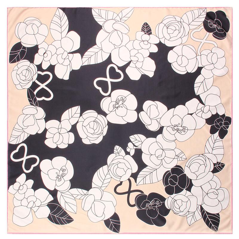 Manual Hand Rolled Twill Silk Scarf Women Floral Print Square Scarves Wraps Echarpe Curled Foulards Femme Bandana Hijabs 90CM