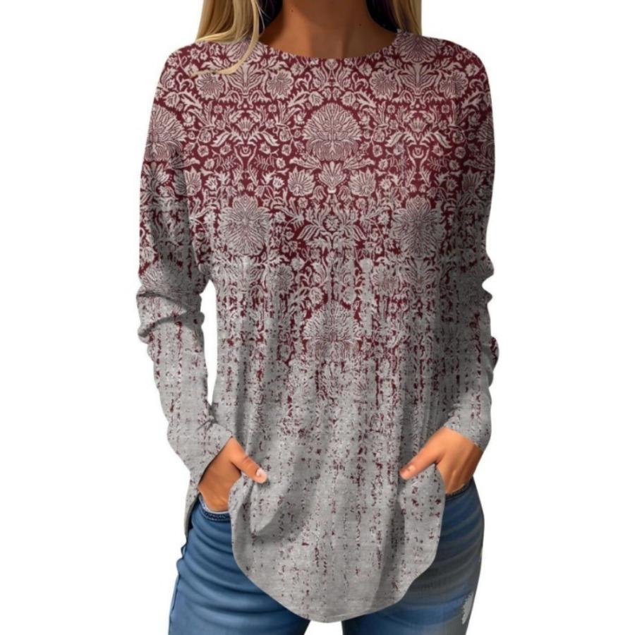 Långärmade 3D-printade T-shirts Blomma Rundhalsad Topp för Damkläder