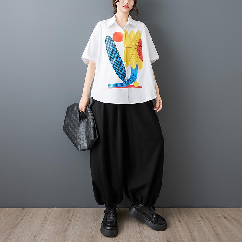 DIMANAF 2026 Plus Size New Summer Blouse Shirt Print Short Sleeve Casual Women Loose Tops Shirts Cotton