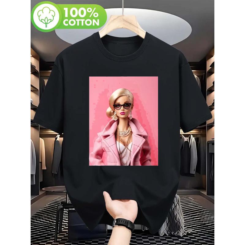 Men'S Vintage Anime Graphic T-Shirt - Hot Pink Retro Pop Art Short Sleeve Round Neck Casual Tee with Bold Female Character Design, All-Season Comfort