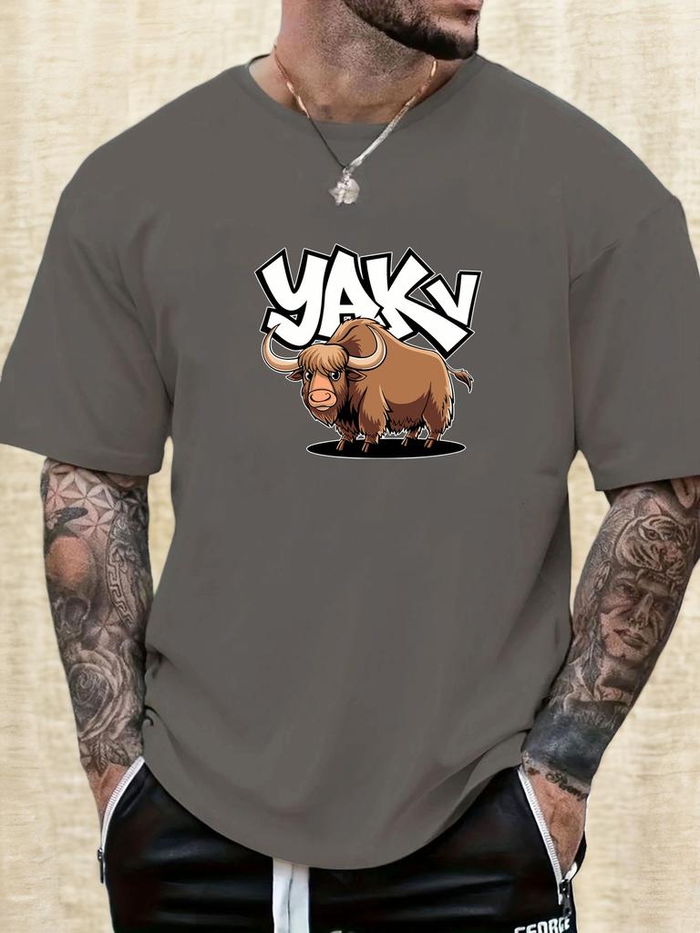 Mens Casual Tshirt Yak Cartoon Print Short Sleeve Round Neck Breathable Soft Oversized Fun Daily Wear Tee