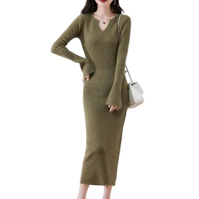 Knit Long Ribbed Tight Solid Perfect for Everyday Winter [MlleeSSeeldyTRC] Women's Dress, Sleeve, V-Neck, Knit, Dress, Color, Casual,