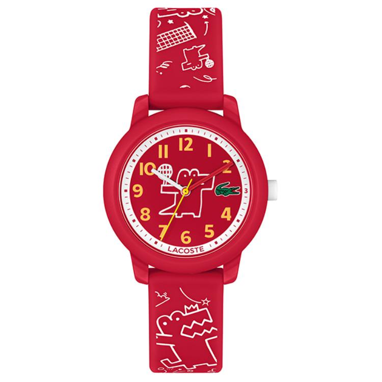 Lacoste 12.12 Kids Series Watch Quartz Movement Silicone Strap 33mm Red Dial Childrens Model 50m Water Resistant Kids watches 2030059 Red Watch Dial