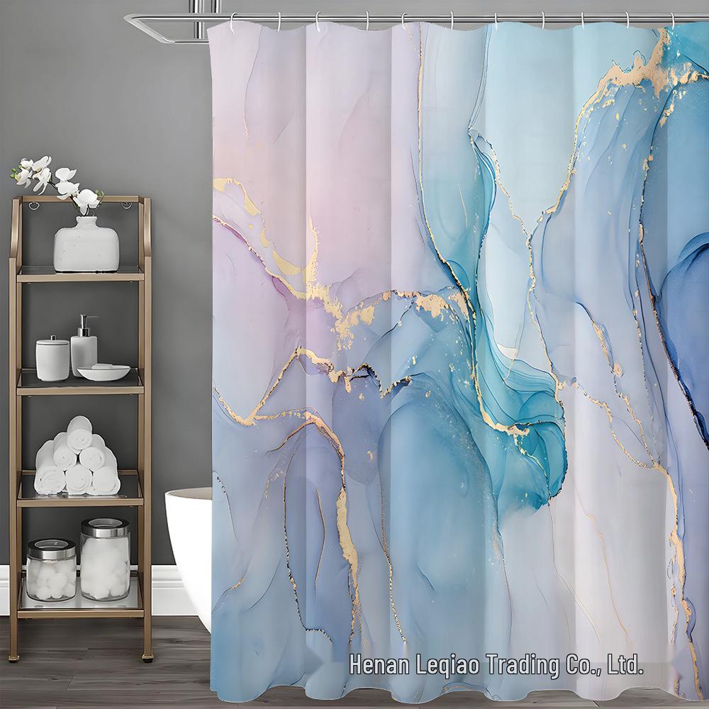 Dreamy Marble Gilded Pattern Shower Curtain with Hooks for Home Bathroom Decor