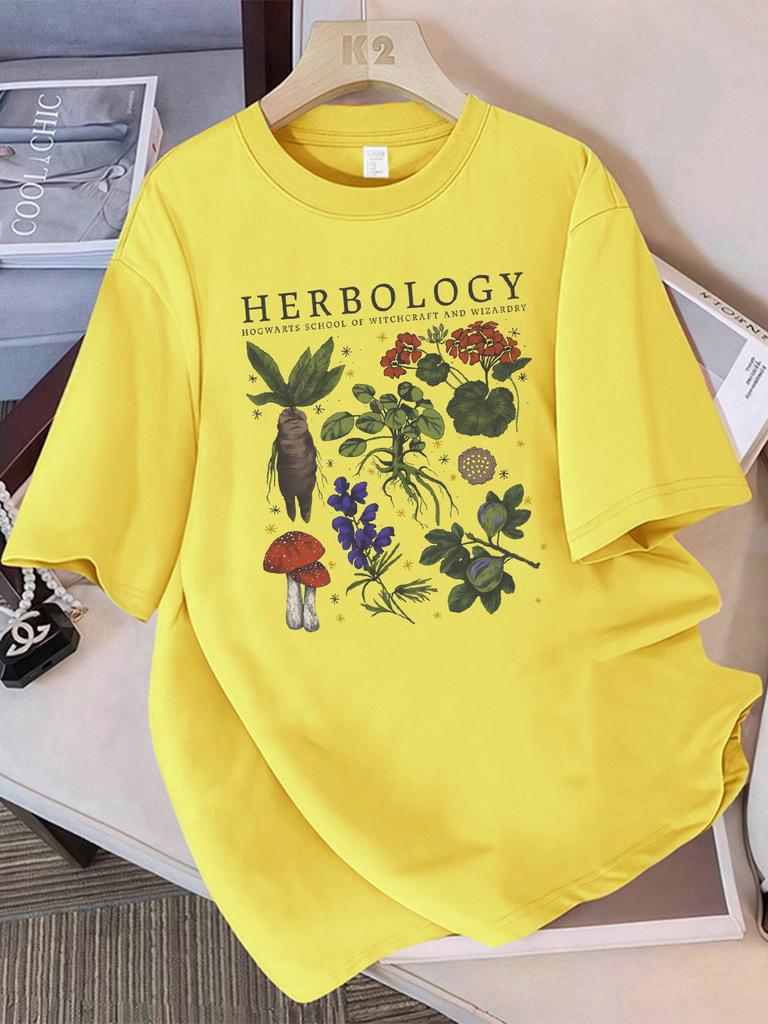 Summer T-Shirts Women Cotton Herbology Plant Composition Printed Tops O-Neck Comfortable Loose Short Sleeve Casual Woman Clothes