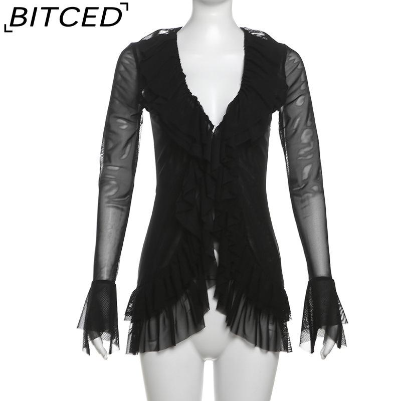 BITCED Fall Women's Solid-Color Slim-Fit Streetwear V-Neck Long-Sleeve Mesh Top