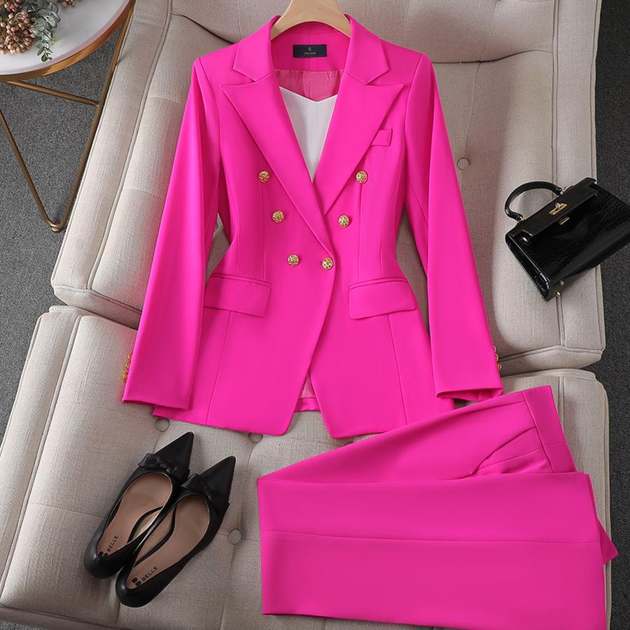 New Pink Red Long Sleeve Blazer Jacket Set Women's Pants & Mini Skirt Outfit Elegant