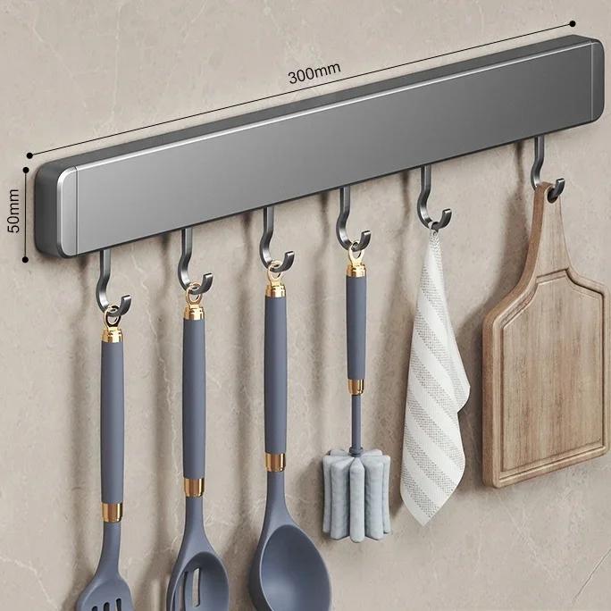 Kitchen Utensil Storage Organizer Non-perforated Wall Rack Movable Hook Spoon Holder Household Kitchen Mounted Arrangement Shelf
