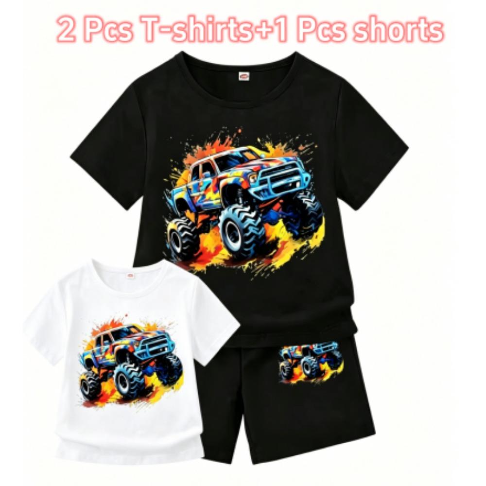 Cartoon Car Print Outdoor Street Kids T-shirt and Shorts Summer Home Casual Outfit Boy and Girl's Sports Set