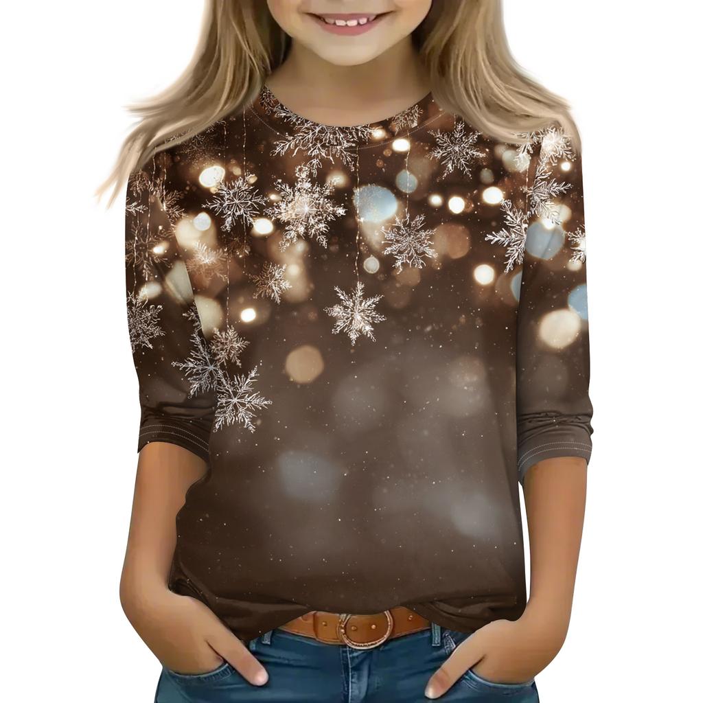 Vánoční potisk Topů pro dospívající dívky 4-11 let Kulatý výstřih 3/4 rukávy Módní topy Outfit Trička