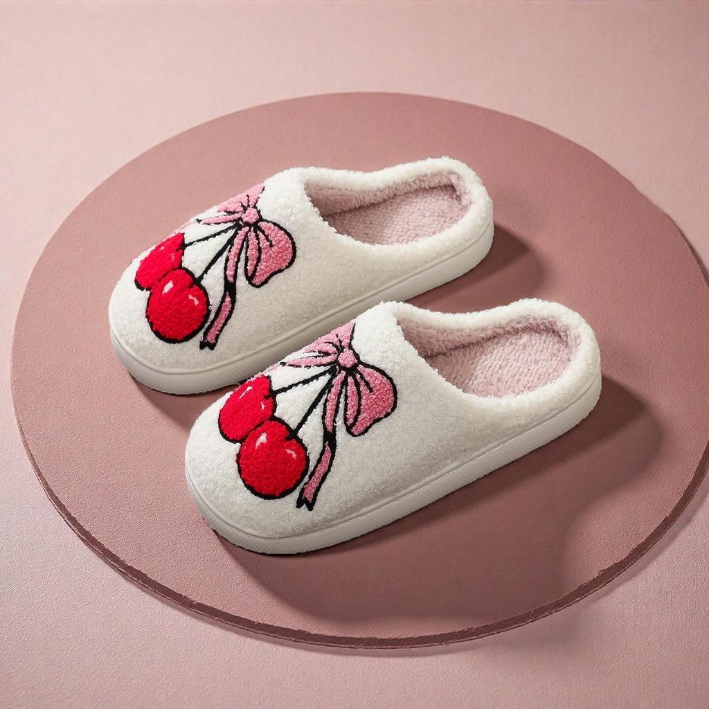 Cute Cartoon Smiley Face Christmas Hat & Tree Strawberry Cotton Slippers, Cozy & Warm Couple Style.